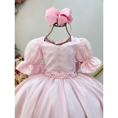 Vestido Infantil Rosa Busto Bordado Daminhas Festas Luxo