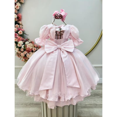 Vestido Infantil Rosa Busto Bordado Daminhas Festas Luxo