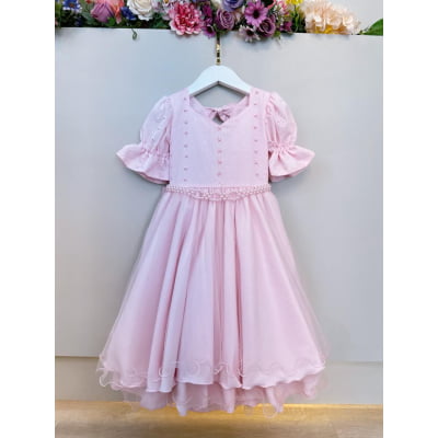 Vestido Infantil Rosa Busto Bordado Daminhas Festas Luxo
