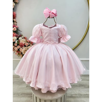 Vestido Infantil Rosa Busto Bordado Daminhas Festas Luxo