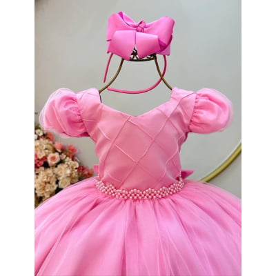 Vestido Infantil Rosa Busto Nervura Daminhas Festas Luxo