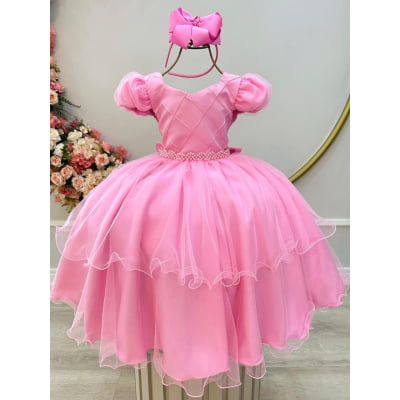 Vestido Infantil Rosa Busto Nervura Daminhas Festas Luxo