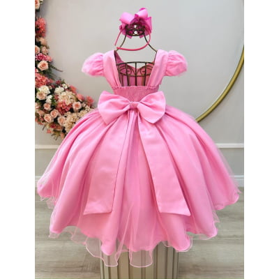Vestido Infantil Rosa Busto Nervura Daminhas Festas Luxo