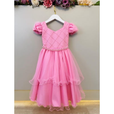 Vestido Infantil Rosa Busto Nervura Daminhas Festas Luxo