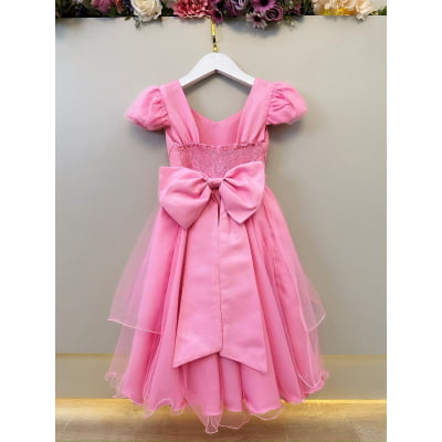 Vestido Infantil Rosa Busto Nervura Daminhas Festas Luxo