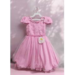 Vestido Infantil Rosa C/ Apliques de Flores e Renda Damas