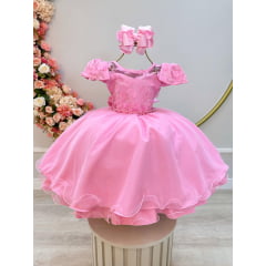 Vestido Infantil Rosa C/ Apliques de Flores e Renda Damas