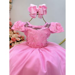 Vestido Infantil Rosa C/ Apliques de Flores e Renda Damas