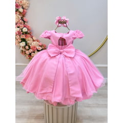 Vestido Infantil Rosa C/ Apliques de Flores e Renda Damas