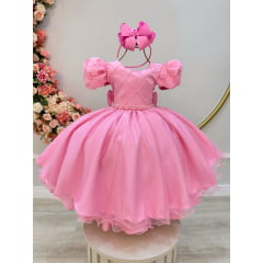 Vestido Infantil Rosa C/ Busto Nervura Daminhas Festas