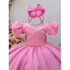 Vestido Infantil Rosa C/ Busto Nervura Daminhas Festas