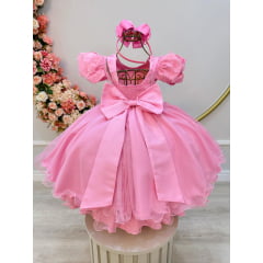 Vestido Infantil Rosa C/ Busto Nervura Daminhas Festas