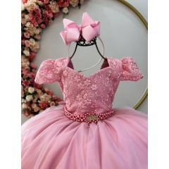 Vestido Infantil Rosa C/ Renda e Cinto de Pérolas Festas