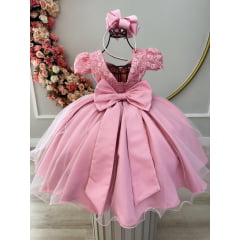 Vestido Infantil Rosa C/ Renda e Cinto de Pérolas Festas