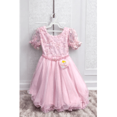 Vestido Infantil Rosa C/ Renda Luxo e Cinto de Pérolas Damas