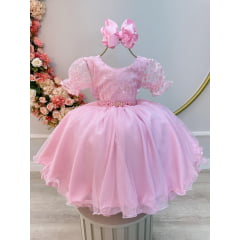 Vestido Infantil Rosa C/ Renda Luxo e Cinto de Pérolas Damas