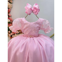 Vestido Infantil Rosa C/ Renda Luxo e Cinto de Pérolas Damas