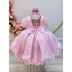 Vestido Infantil Rosa C/ Renda Luxo e Cinto de Pérolas Damas