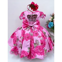 Vestido Infantil Rosa Chiclete Floral Aplique de Flor Luxo