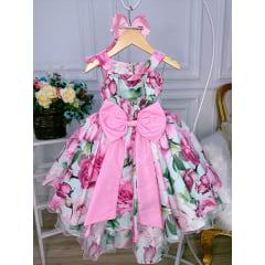 Vestido Infantil Rosa Chiclete Floral Aplique Laço Pérolas