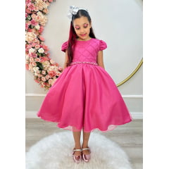 Vestido Infantil Rosa Escuro Busto Nervura Pérolas e Strass