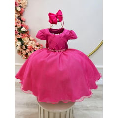 Vestido Infantil Rosa Escuro Busto Nervura Pérolas e Strass