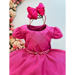 Vestido Infantil Rosa Escuro Busto Nervura Pérolas e Strass