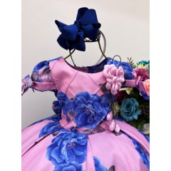 Vestido Infantil Rosa Floral Azul Aplique de Flor Luxo