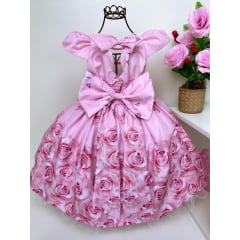 Vestido Infantil Rosa Floral Laços Perolas Luxo Princesas