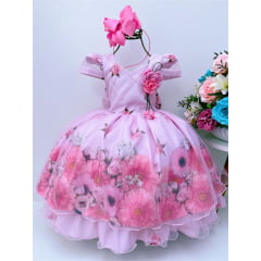 Vestido Infantil Rosa Floral Luxo Broche Flor