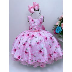 Vestido Infantil Rosa Floral Luxo Cinto de Pérolas