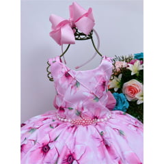 Vestido Infantil Rosa Floral Luxo Cinto de Pérolas