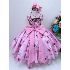 Vestido Infantil Rosa Floral Luxo Cinto de Pérolas
