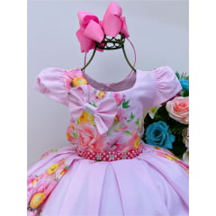 Vestido Infantil Rosa Floral Luxo Cinto de Pérolas e Strass