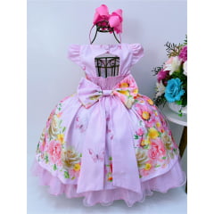 Vestido Infantil Rosa Floral Luxo Cinto de Pérolas e Strass