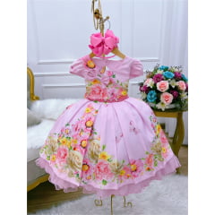 Vestido Infantil Rosa Floral Luxo Cinto de Pérolas e Strass