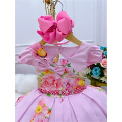 Vestido Infantil Rosa Floral Luxo Cinto de Pérolas e Strass