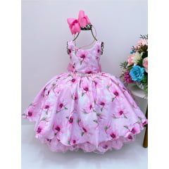 Vestido Infantil Rosa Floral Luxo Cinto de Pérolas Strass