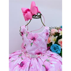 Vestido Infantil Rosa Floral Luxo Cinto de Pérolas Strass