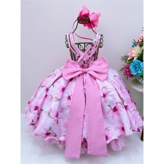 Vestido Infantil Rosa Floral Luxo Cinto de Pérolas Strass