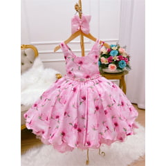 Vestido Infantil Rosa Floral Luxo Cinto de Pérolas Strass