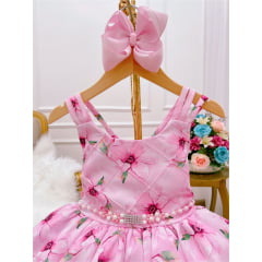 Vestido Infantil Rosa Floral Luxo Cinto de Pérolas Strass