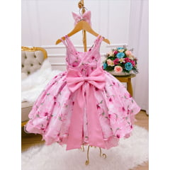 Vestido Infantil Rosa Floral Luxo Cinto de Pérolas Strass