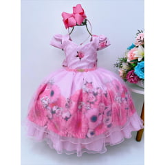 Vestido Infantil Rosa Floral Luxo Cinto Pérolas Strass