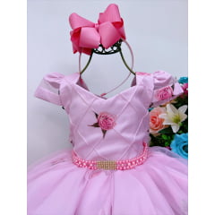 Vestido Infantil Rosa Floral Luxo Cinto Pérolas Strass