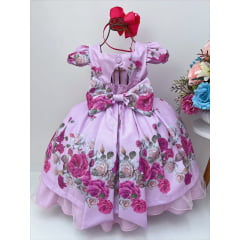 Vestido Infantil Rosa Floral Luxo Pérolas e Strass