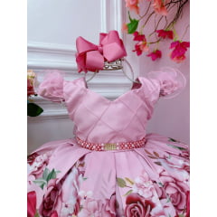 Vestido Infantil Rosa Florido Busto Nervura Cinto de Pérolas