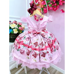 Vestido Infantil Rosa Florido Busto Nervura Cinto de Pérolas