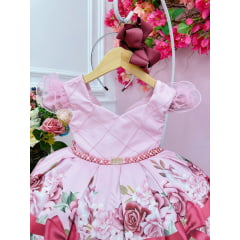 Vestido Infantil Rosa Florido Busto Nervura Cinto de Pérolas