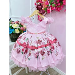 Vestido Infantil Rosa Florido Busto Nervura Cinto de Pérolas